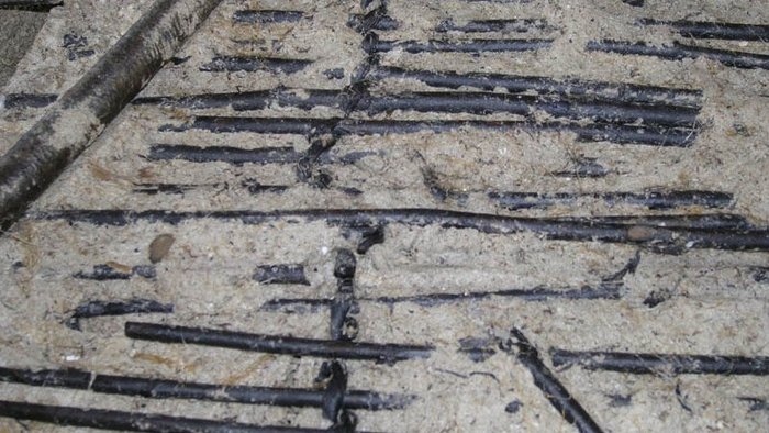 Abbildung 10: Detailaufnahme des Fischzauns. Bindung der Haselruten in Art des Fitzens mit zweischäftigem Ahornbast in Z-Drehung. © Landesamt für Denkmalpflege und Archäologie Sachsen-Anhalt, Rosemarie Leineweber. 