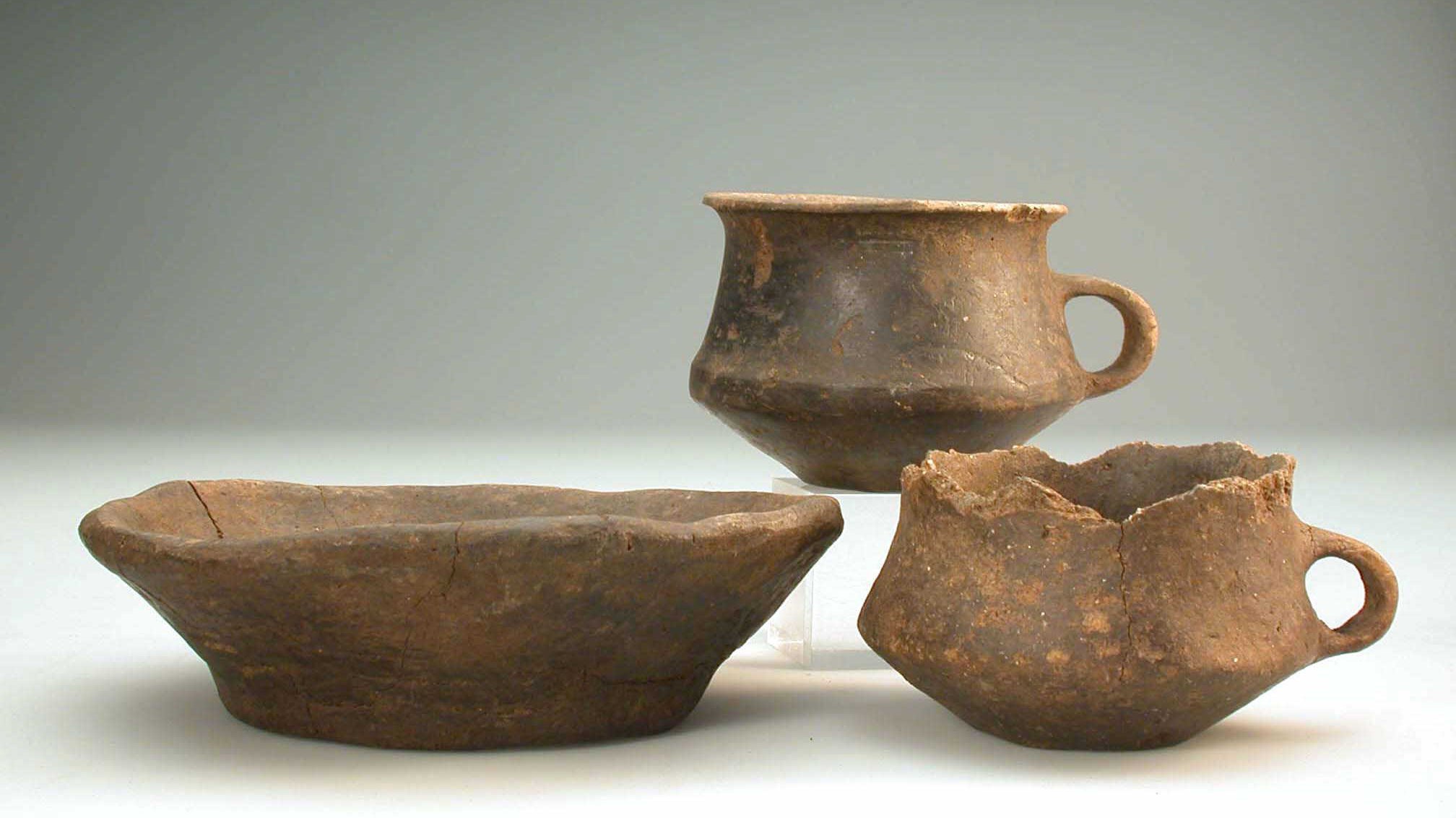 Abbildung 5: Vor fast 4000 Jahren entstanden die beiden Tassen und Schale. Sie lassen sich der frühbronzezeitlichen Aunjetitzer Kultur zuordnen. © Landesamt für Denkmalpflege und Archäologie Sachsen-Anhalt.
