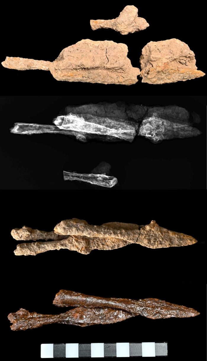 Abbildung 3: Drei Pfeilspitzen im Vorzustand, Röntgenbild, Zwischen- und Endzustand. © Landesamt für Denkmalpflege und Archäologie Sachsen-Anhalt, Vera Keil (Fotos), Heiko Breuer (Röntgenbilder). 