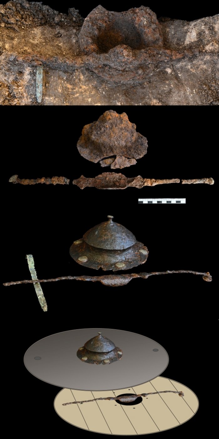 Abbildung 1: Schildbuckel und Schildfessel im Vor-, Zwischen- und Endzustand sowie die Rekonstruktion auf dem Schild. © Landesamt für Denkmalpflege und Archäologie Sachsen-Anhalt, Vera Keil. 