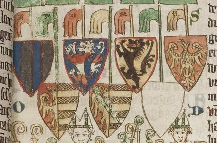 Abbildung 3: Wappendarstellungen im Sachsenspiegel, Anfang 14. Jahrhundert, Ostmitteldeutschland, mit nach links steigenden Löwen. (Cod Pal germ 164 – Eike von Repgow – Heidelberger Sachsenspiegel fol 022r Landrecht drittes Buch).