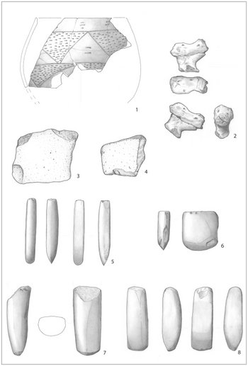 Abbildung 3: Auf Abbildung 3 sind neben der zoomorphen Vollplastik (2) die Funde aus der hausbegleitenden Längsgrube (3605) in der Umzeichnung zu sehen. Neben mindestens einem verzierten Kumpf (1) und zwei Mahlsteinen (3, 4) wurden auch vier Felsgesteingeräte in Form von Dechseln (5, 7, 8) und einem Beil (6) geborgen. © Landesamt für Denkmalpflege und Archäologie Sachsen-Anhalt, Umzeichnungen: K. Walter / S. Scheffler, Tafel: Madeline Fröhlich.