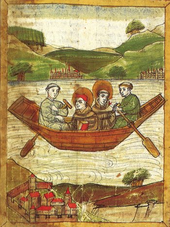Abbildung 10: Kolumban und Gallus auf dem Bodensee. Deutsches Gallus-Leben, gemalt 1451/52 in St. Gallen. Stiftsbibliothek St. Gallen (Cod. Sang. 602, Seite 33). Nach Einbaum, Lastensegler, Dampfschiff. Frühe Schifffahrt in Südwestdeutschland. ALManach 5/6, 2000/2001 (Stuttgart 2000) 110.